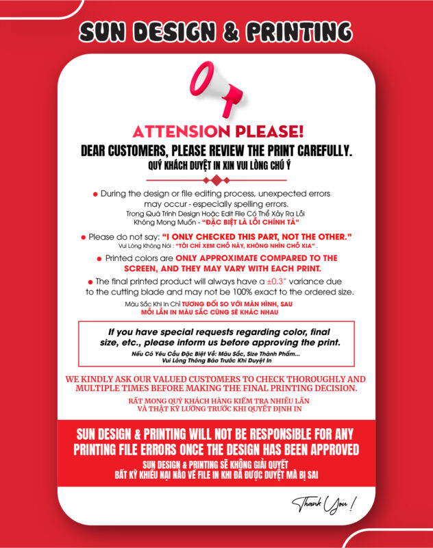 Notice to customers to check printing files before approval at Sun Design & Printing